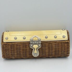 Michael Kors Wicker Basket Clutch Yellow Leather Trim Coastal Cottagecore Bag
